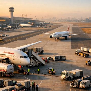 Aircraft and ground vehicles on an airport apron at sunrise