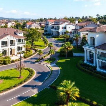 A completed residential estate with lawns and palm trees