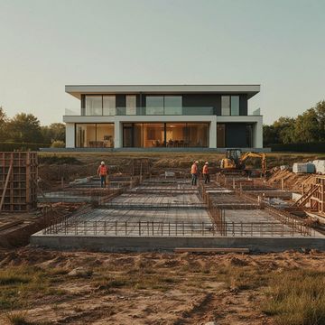 Foundations being laid in front of a finished modern house