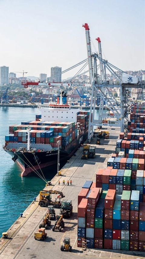 A container ship beside cranes and stacked containers at a port