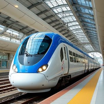 A blue and white high-speed train at a station platform