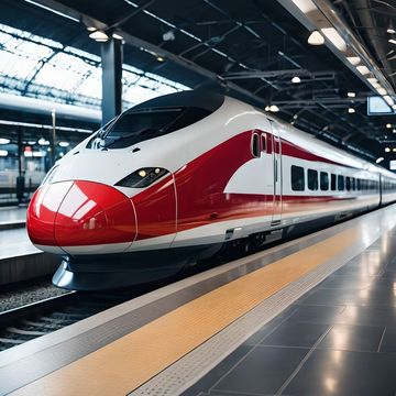 A red and white high-speed train at a station platform