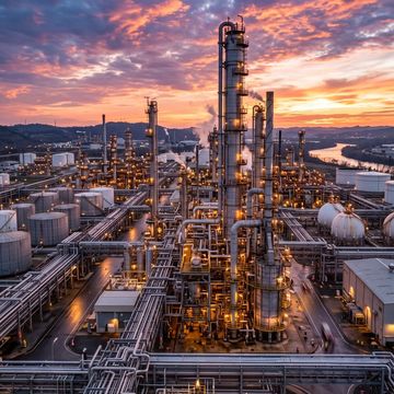 An oil refinery with distillation towers and storage tanks at sunset