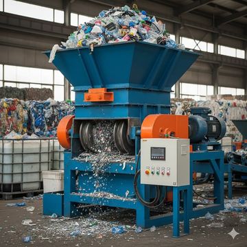 A shredding machine processing plastic bottles in a recycling plant